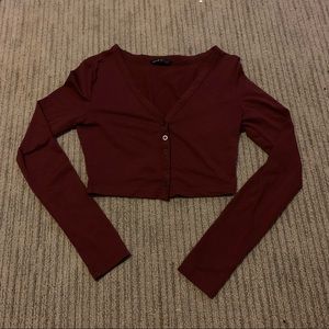 Shein Maroon Long Sleeve Button Up Crop Top